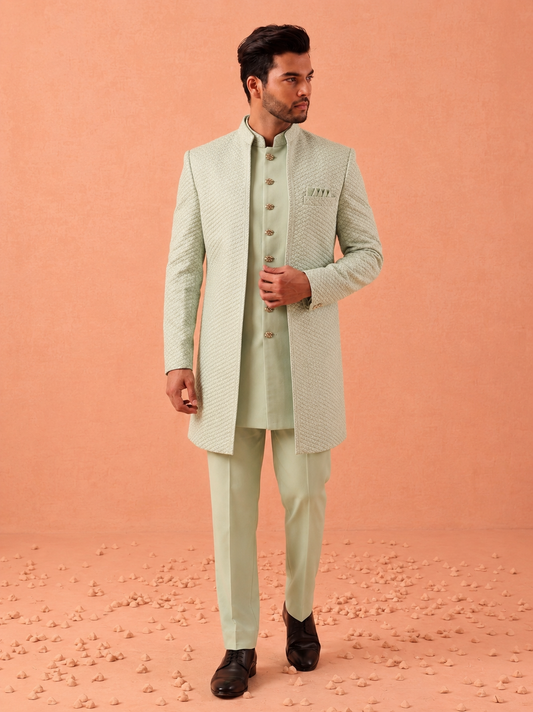 Club AK Men's Premium Sage Green Designer Indo Western Suit | Luxury Wedding & Party Wear