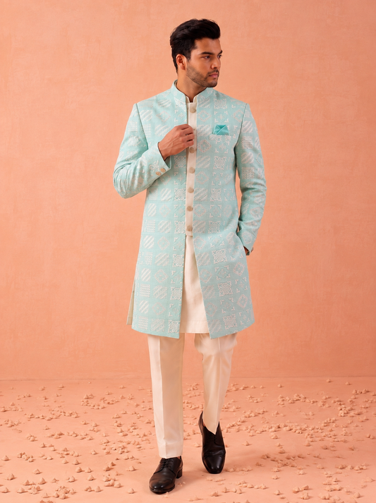 Club AK Men's Premium Designer Pastel Blue Indo Western Suit | Wedding & Party Wear