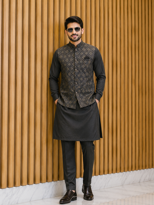 Club AK Men’s Designer Kurta Pajama Set with Geometric Pattern Coti – Wedding & Festive Wear