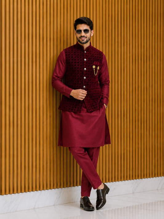 CLUB AK Men’s Designer Kurta Pajama with Embroidered Nehru Jacket