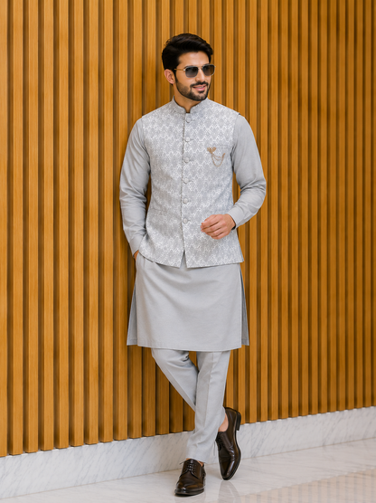 Club AK Men’s Designer Kurta Pajama Set with Jacquard Coti – Wedding & Festive Wear
