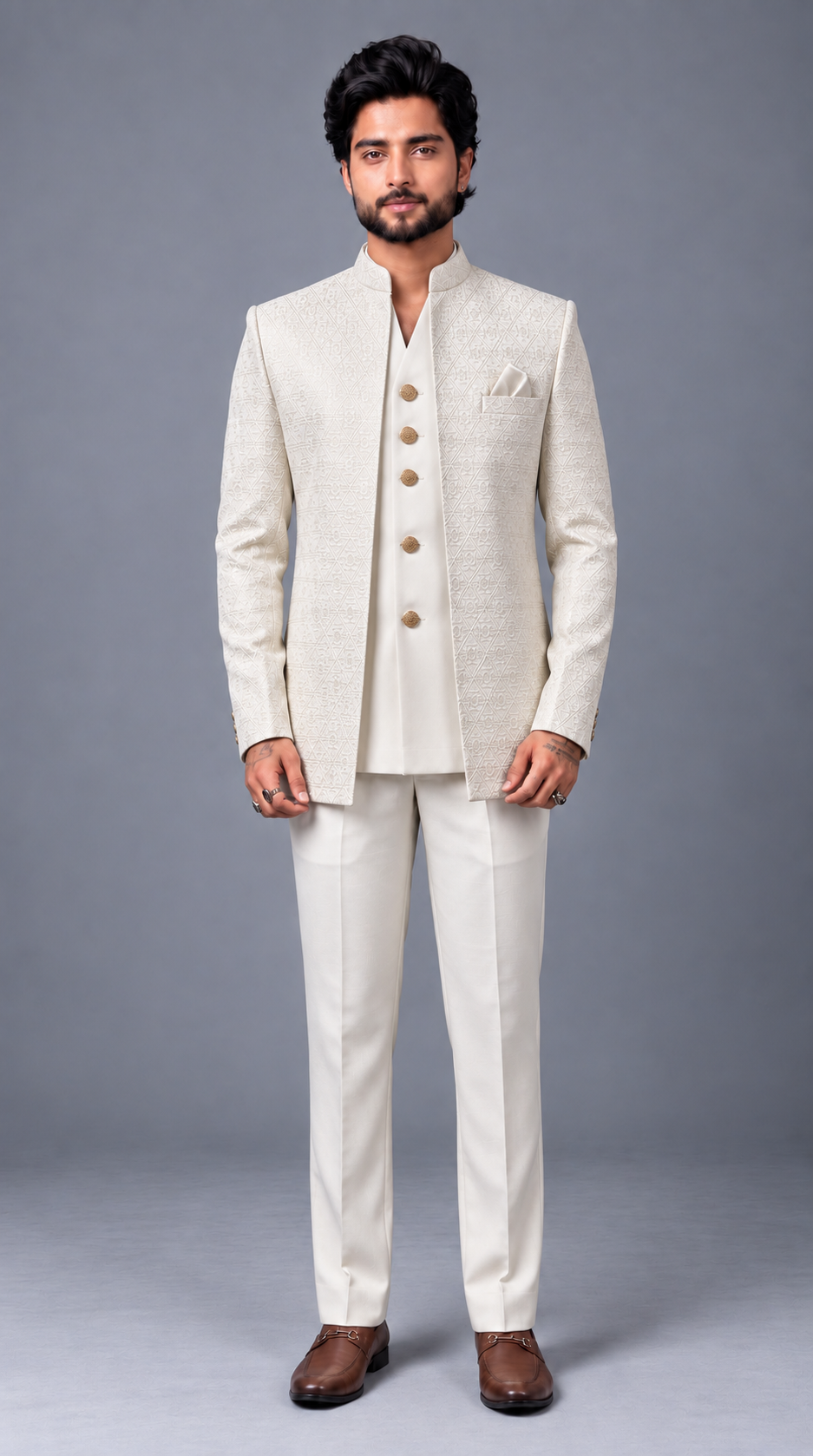 Club AK Men’s Premium Jodhpuri Suit – Elegant V-Neck Patterned Wedding Wear