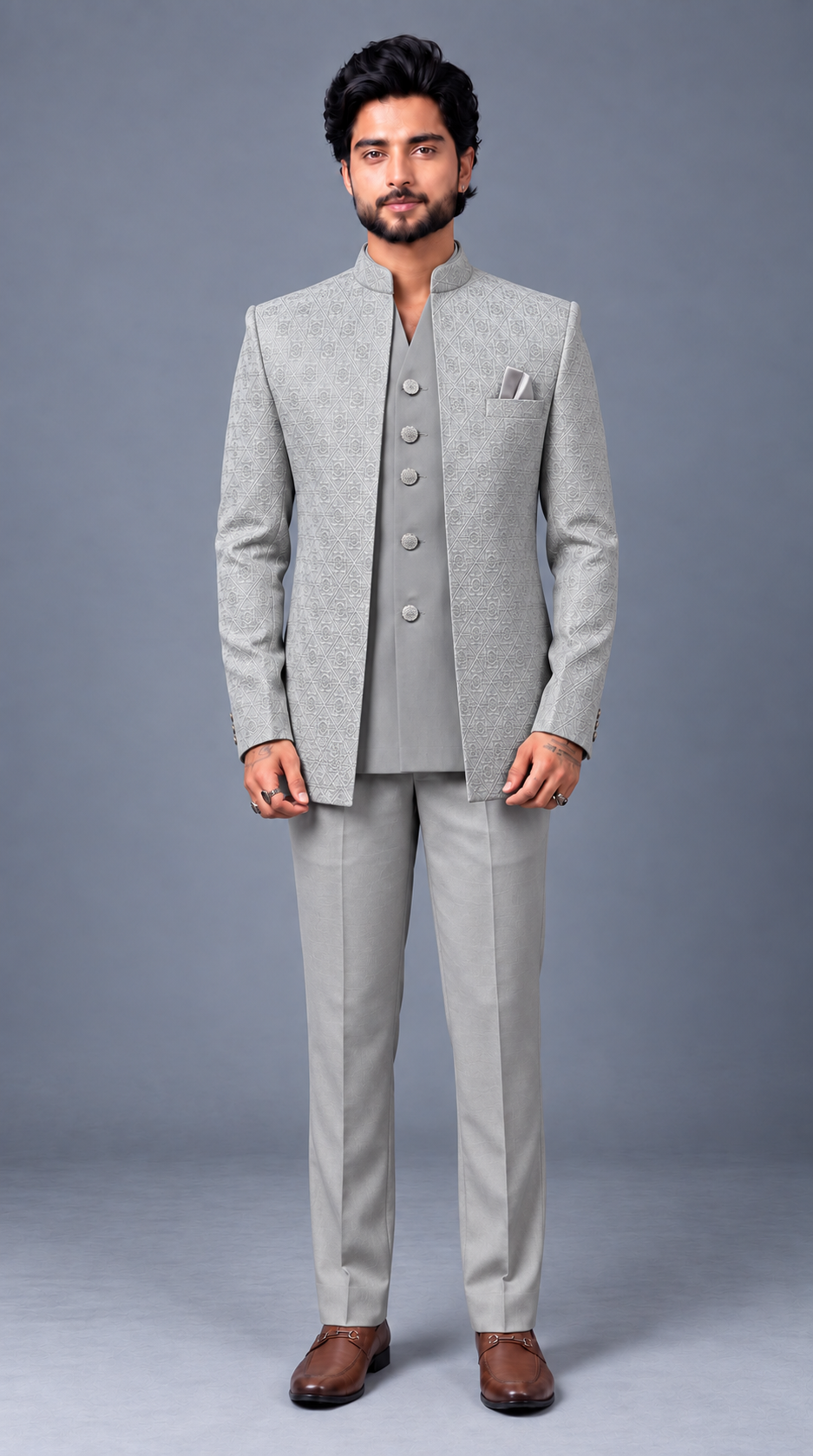 Club AK Men’s Premium Jodhpuri Suit – Elegant V-Neck Patterned Wedding Wear