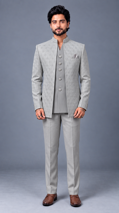 Club AK Men’s Premium Jodhpuri Suit – Elegant V-Neck Patterned Wedding Wear