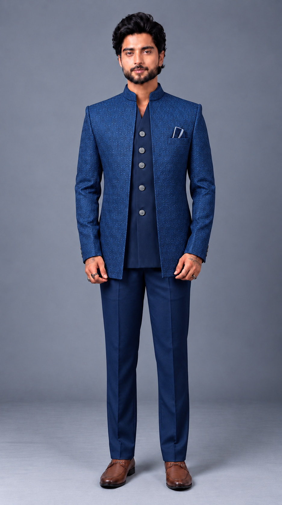Club AK Men’s Premium Jodhpuri Suit – Elegant V-Neck Patterned Wedding Wear