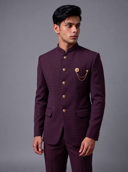 CLUB AK Men’s Premium Designer Jodhpuri Suit with Textured Bandhgala, Brooch & Chain Detail