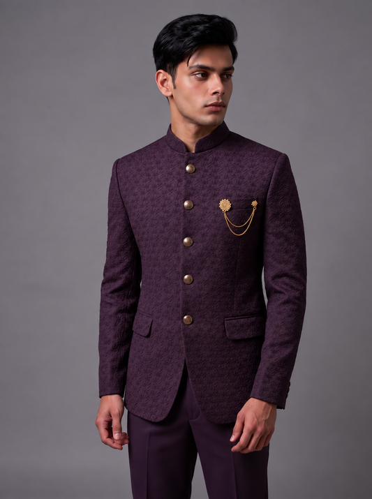 CLUB AK Men’s Premium Designer Jodhpuri Suit with Bandhgala Collar, Jacquard Pattern, Brooch & Chain Detail