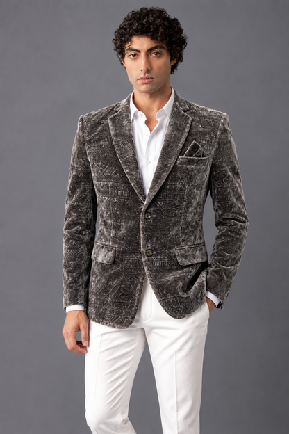 CLUB AK Men’s Premium Textured Velvet Blazer with Shawl Lapel, Pocket Square & Tailored Fit