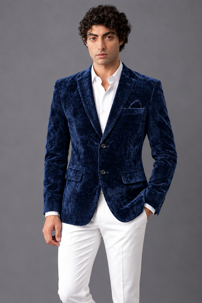 CLUB AK Men’s Premium Textured Velvet Blazer with Shawl Lapel, Pocket Square & Tailored Fit