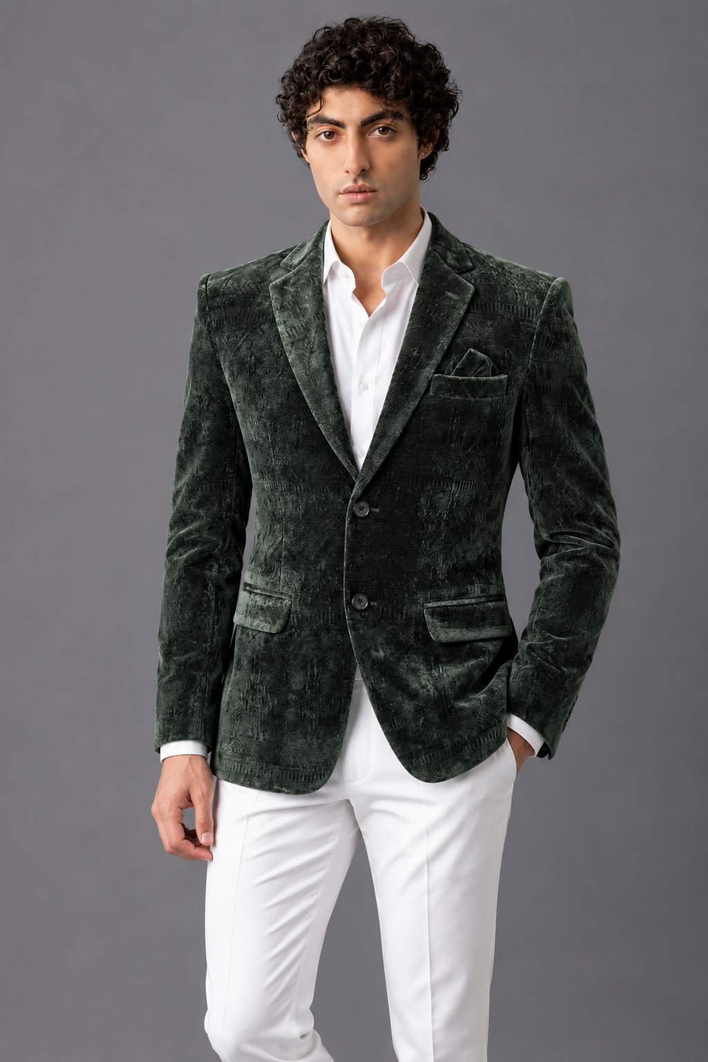 CLUB AK Men’s Premium Textured Velvet Blazer with Shawl Lapel, Pocket Square & Tailored Fit