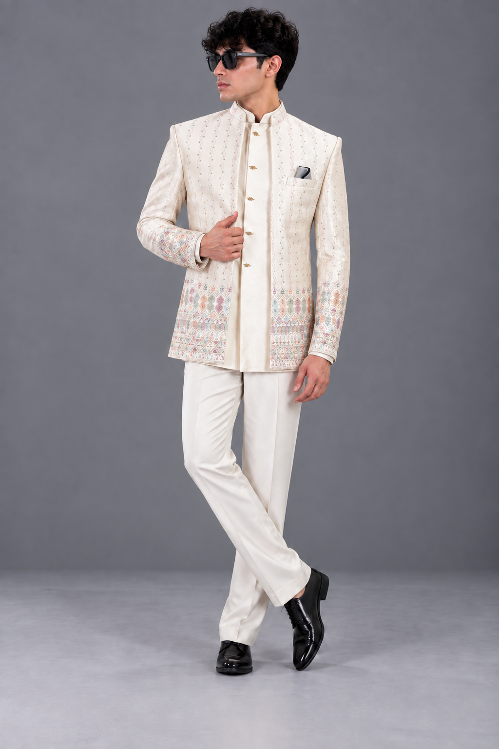 CLUB AK Men’s Premium Designer Indo Western Suit with Embroidered Pattern & Intricate Border Detailing