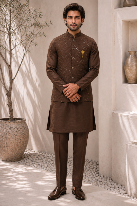 CLUB AK – Premium Men’s Dark Brown Embroidered Kurta Koti Set with Pajama | Wedding & Festive Wear