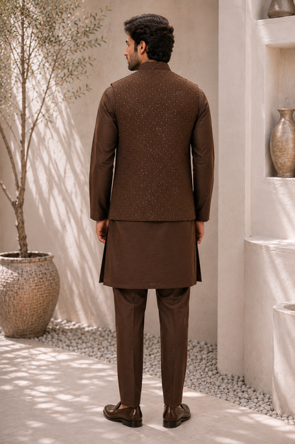 CLUB AK – Premium Men’s Dark Brown Embroidered Kurta Koti Set with Pajama | Wedding & Festive Wear