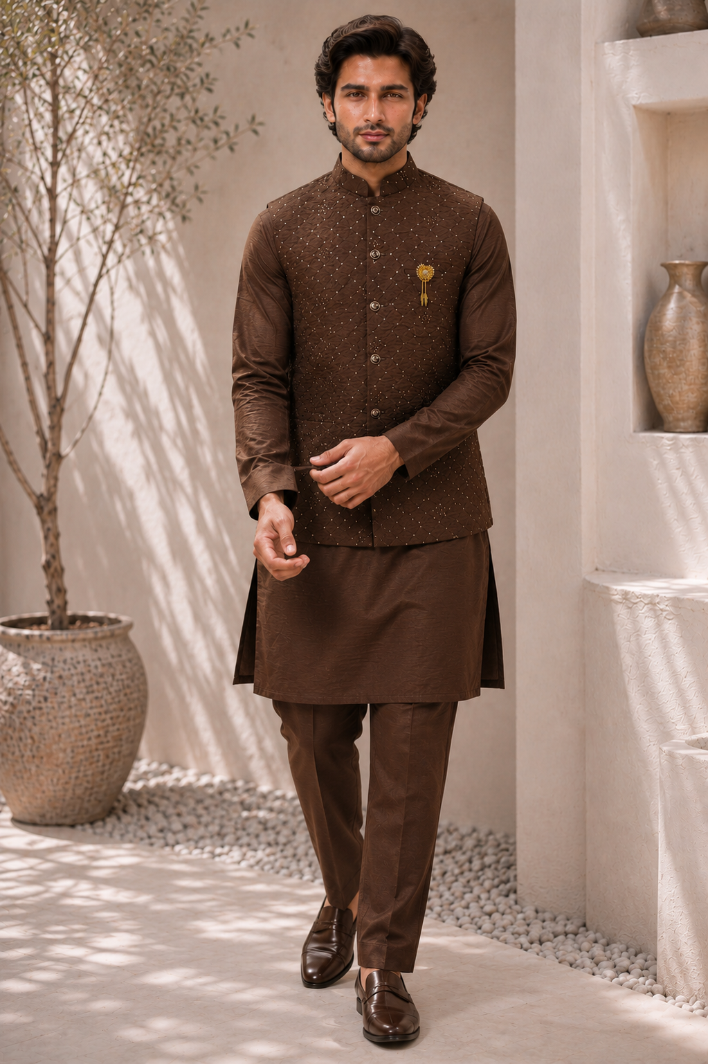 CLUB AK – Premium Men’s Dark Brown Embroidered Kurta Koti Set with Pajama | Wedding & Festive Wear