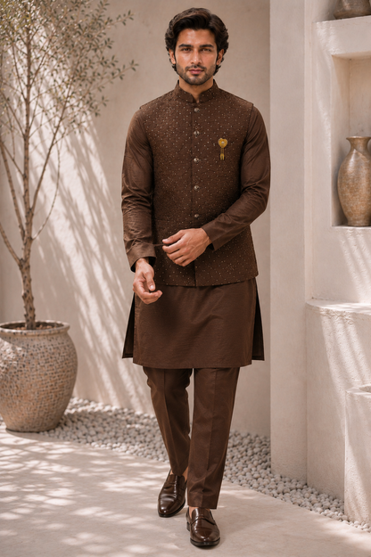CLUB AK – Premium Men’s Dark Brown Embroidered Kurta Koti Set with Pajama | Wedding & Festive Wear