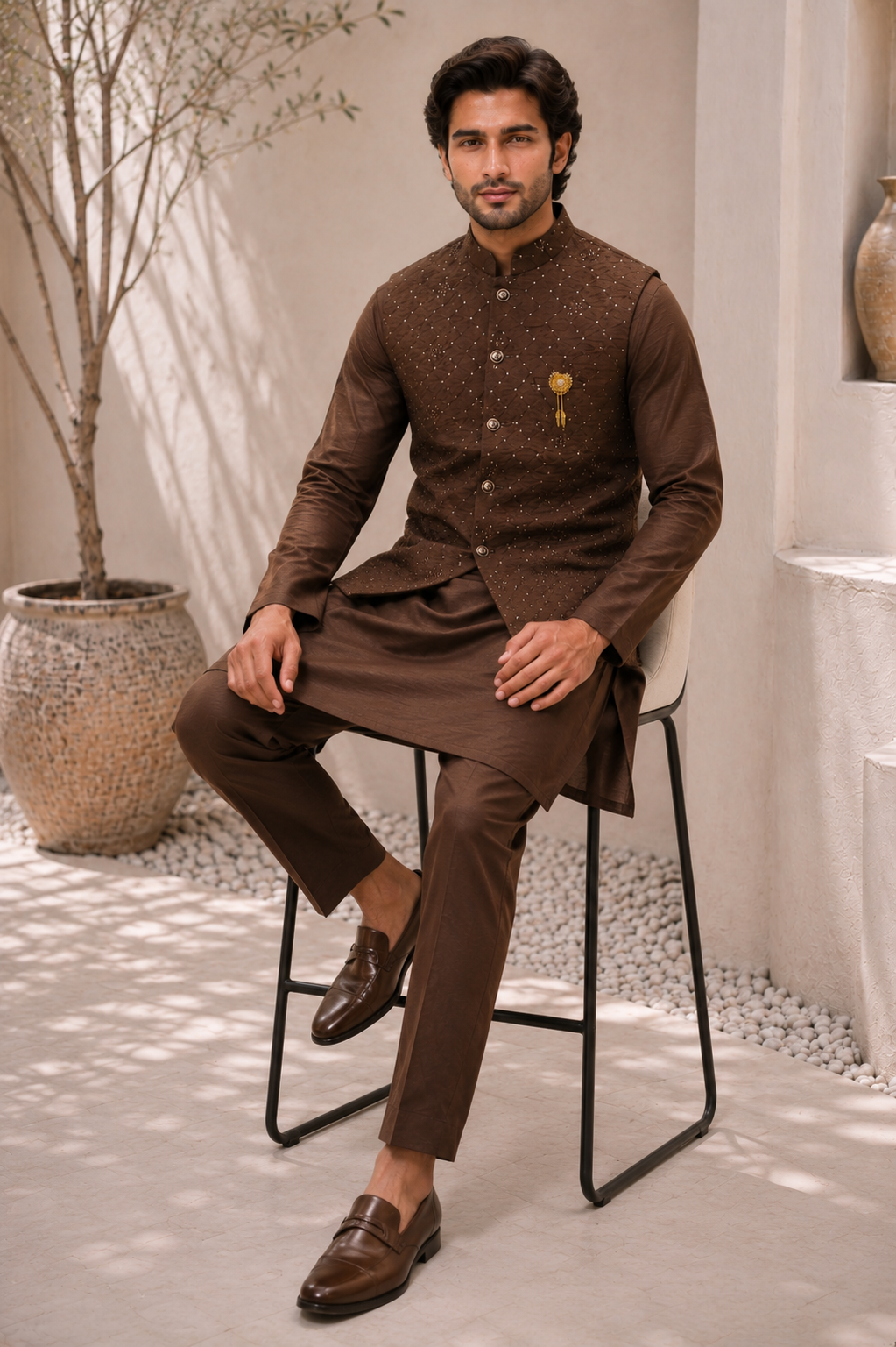 CLUB AK – Premium Men’s Dark Brown Embroidered Kurta Koti Set with Pajama | Wedding & Festive Wear