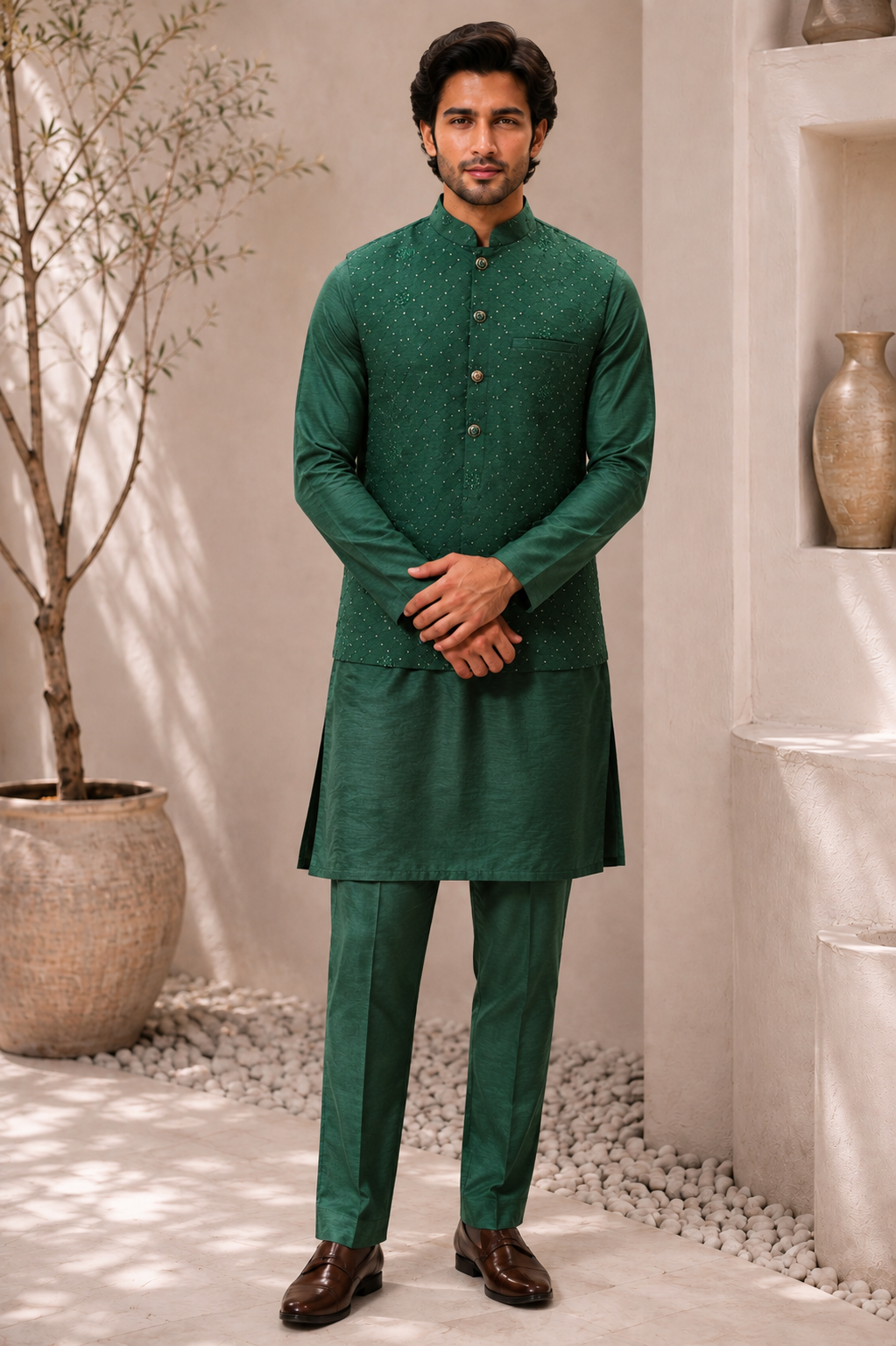 CLUB AK – Premium Men’s Emerald Green Embroidered Kurta Koti Set with Pajama | Wedding & Festive Wear