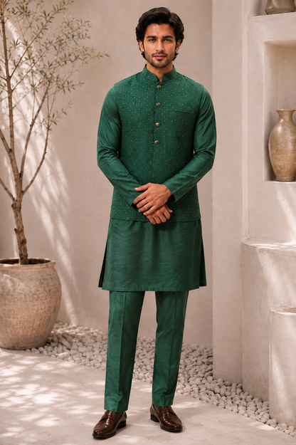 CLUB AK – Premium Men’s Emerald Green Embroidered Kurta Koti Set with Pajama | Wedding & Festive Wear