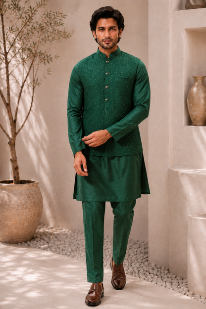CLUB AK – Premium Men’s Emerald Green Embroidered Kurta Koti Set with Pajama | Wedding & Festive Wear
