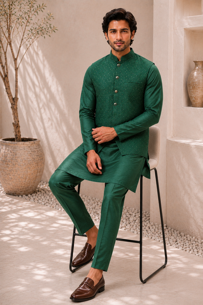 CLUB AK – Premium Men’s Emerald Green Embroidered Kurta Koti Set with Pajama | Wedding & Festive Wear