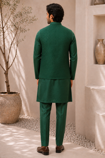 CLUB AK – Premium Men’s Emerald Green Embroidered Kurta Koti Set with Pajama | Wedding & Festive Wear
