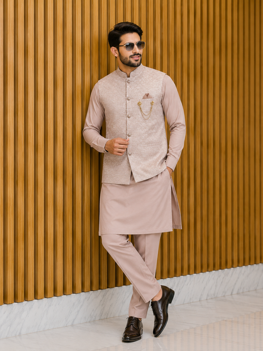 CLUB AK Men’s Designer Kurta Pajama Set with Jacquard Nehru Jacket