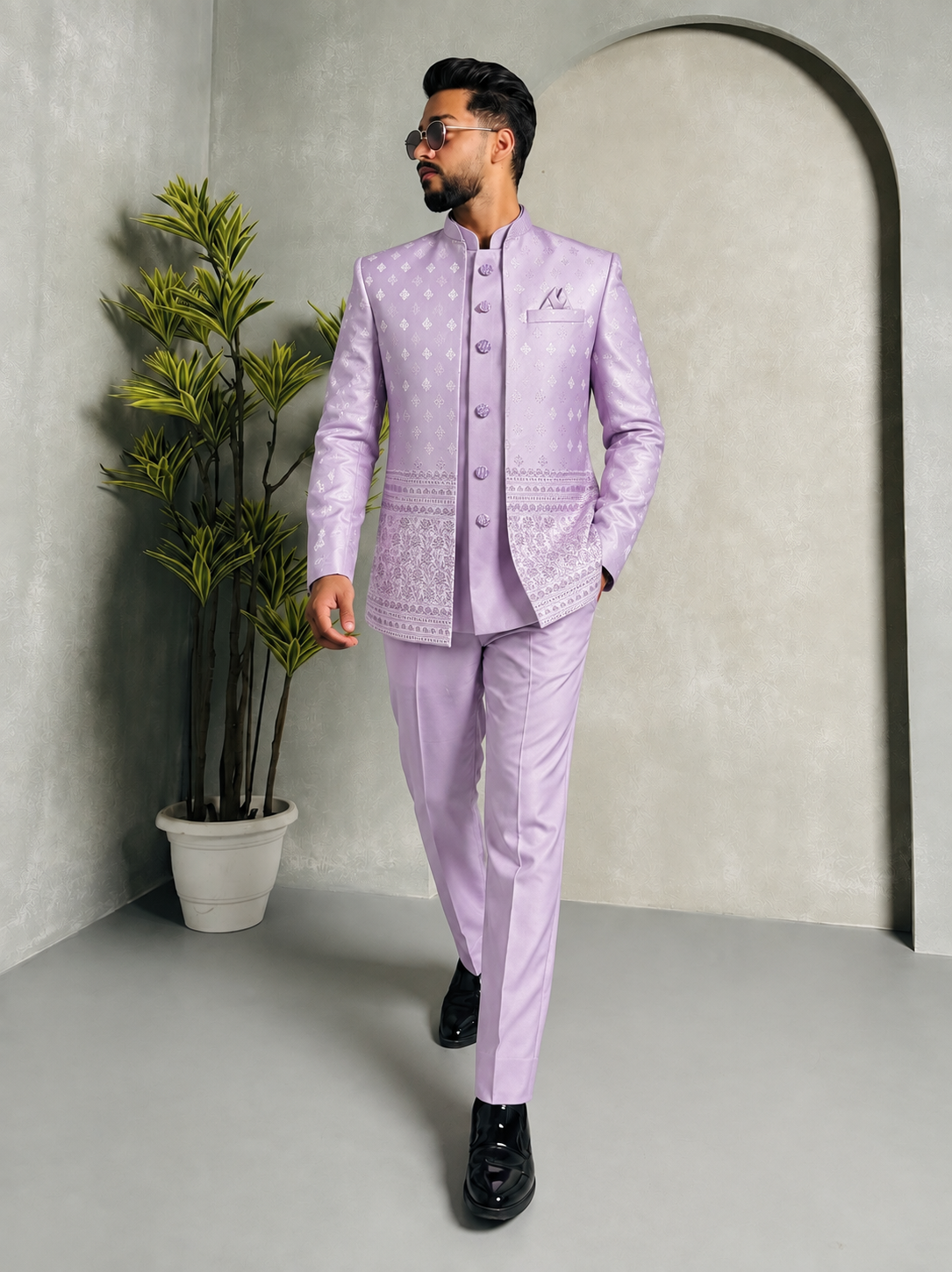 CLUBAK Men’s Designer Jodhpuri Shrug Suit with Daman Embroidery