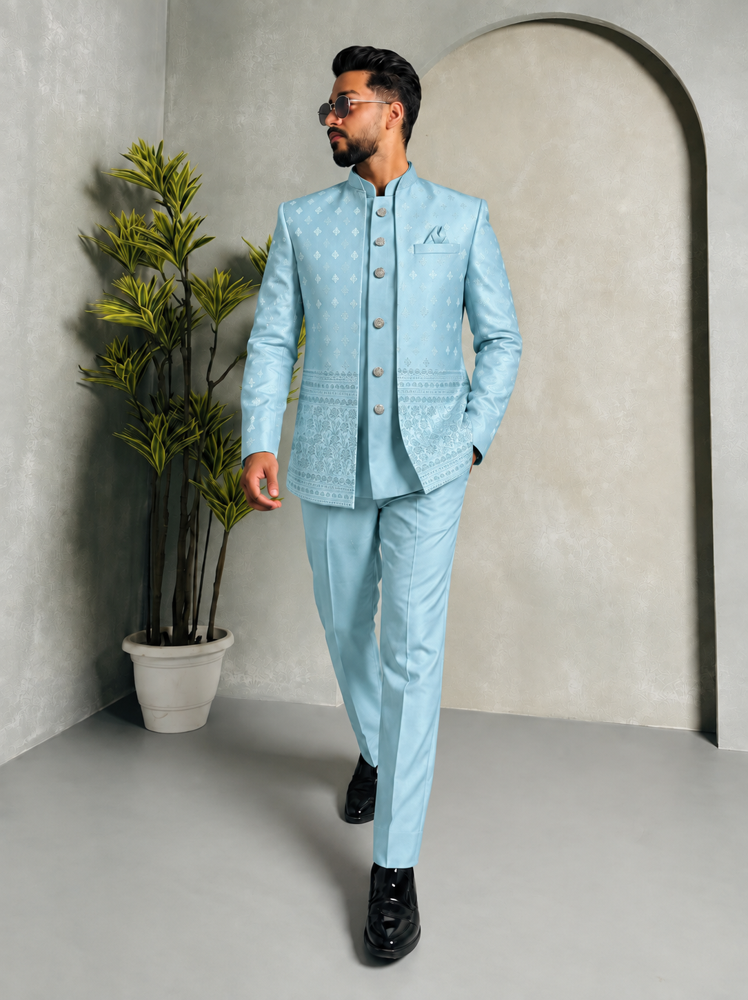 CLUBAK Men’s Designer Jodhpuri Shrug Suit with Daman Embroidery