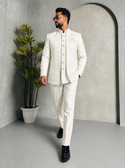 CLUBAK Men’s Designer Jodhpuri Shrug Suit with Daman Embroidery