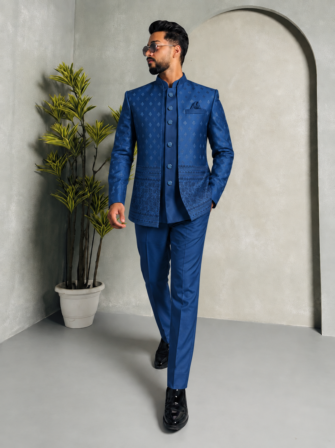 CLUBAK Men’s Designer Jodhpuri Shrug Suit with Daman Embroidery