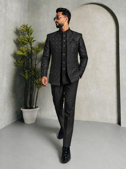 CLUBAK Men’s Designer Jodhpuri Shrug Suit with Daman Embroidery