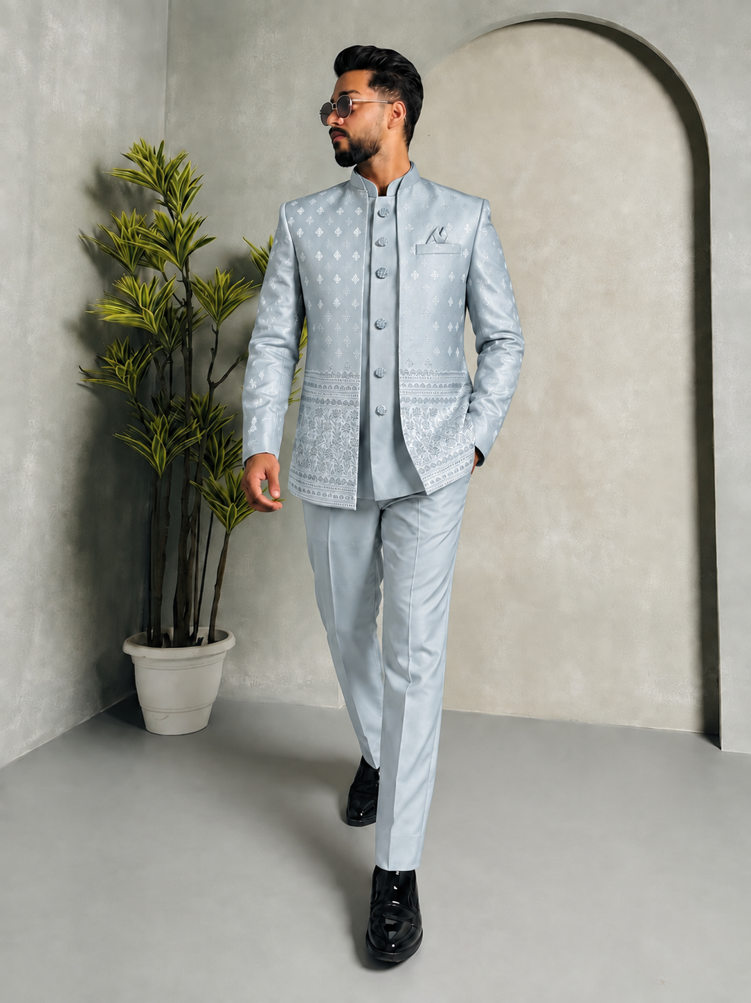 CLUBAK Men’s Designer Jodhpuri Shrug Suit with Daman Embroidery