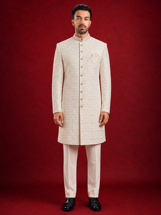 Club AK Men's Cream Embroidered Indo Western Suit | Wedding & Engagement Wear