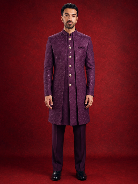 Club AK Men's Royal Purple Embroidered Indo Western Suit | Wedding & Party Wear