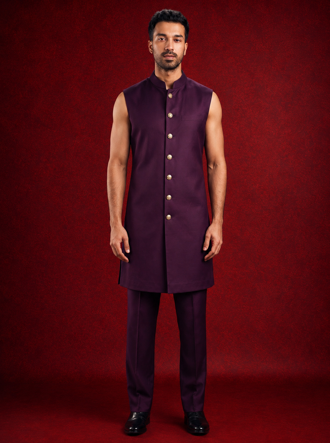 Club AK Men's Royal Purple Embroidered Indo Western Suit | Wedding & Party Wear