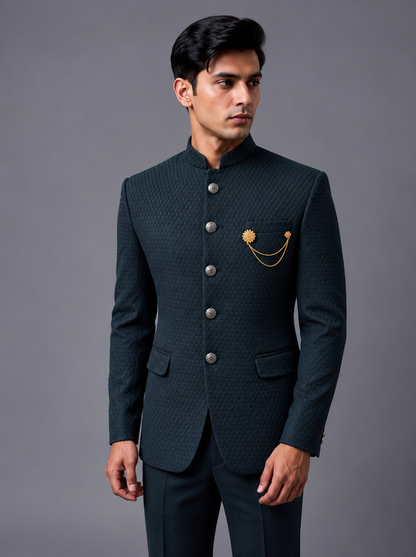 CLUB AK Men’s Premium Designer Jodhpuri Suit with Textured Bandhgala, Brooch & Chain Detail