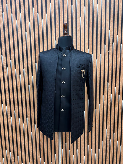 Club AK Men's Black Bandhgala Jodhpuri Suit for Men | Premium Textured Indo Western Blazer