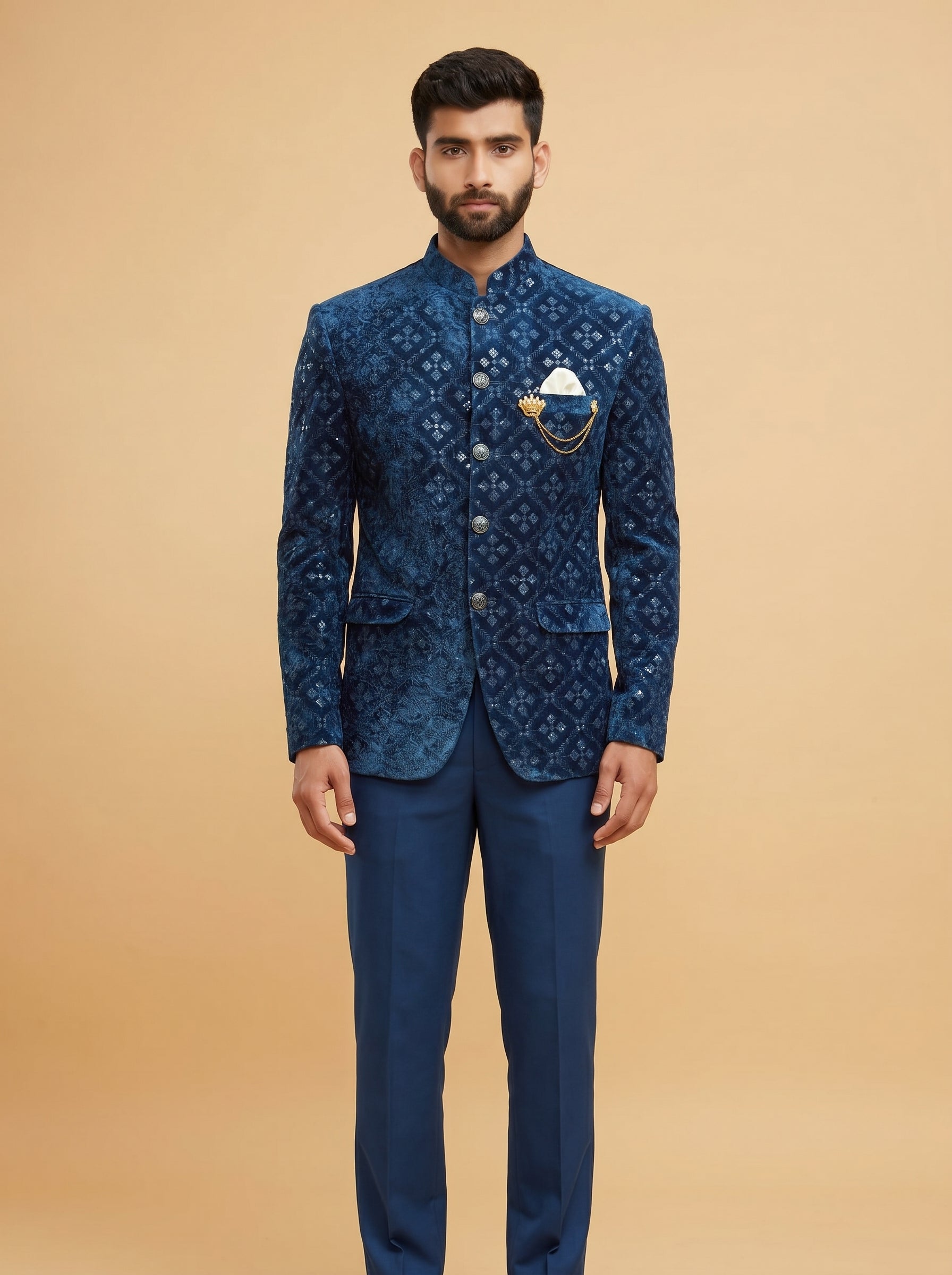 Men's Jodhpuri Velvet  Light blue Suit With Pant
