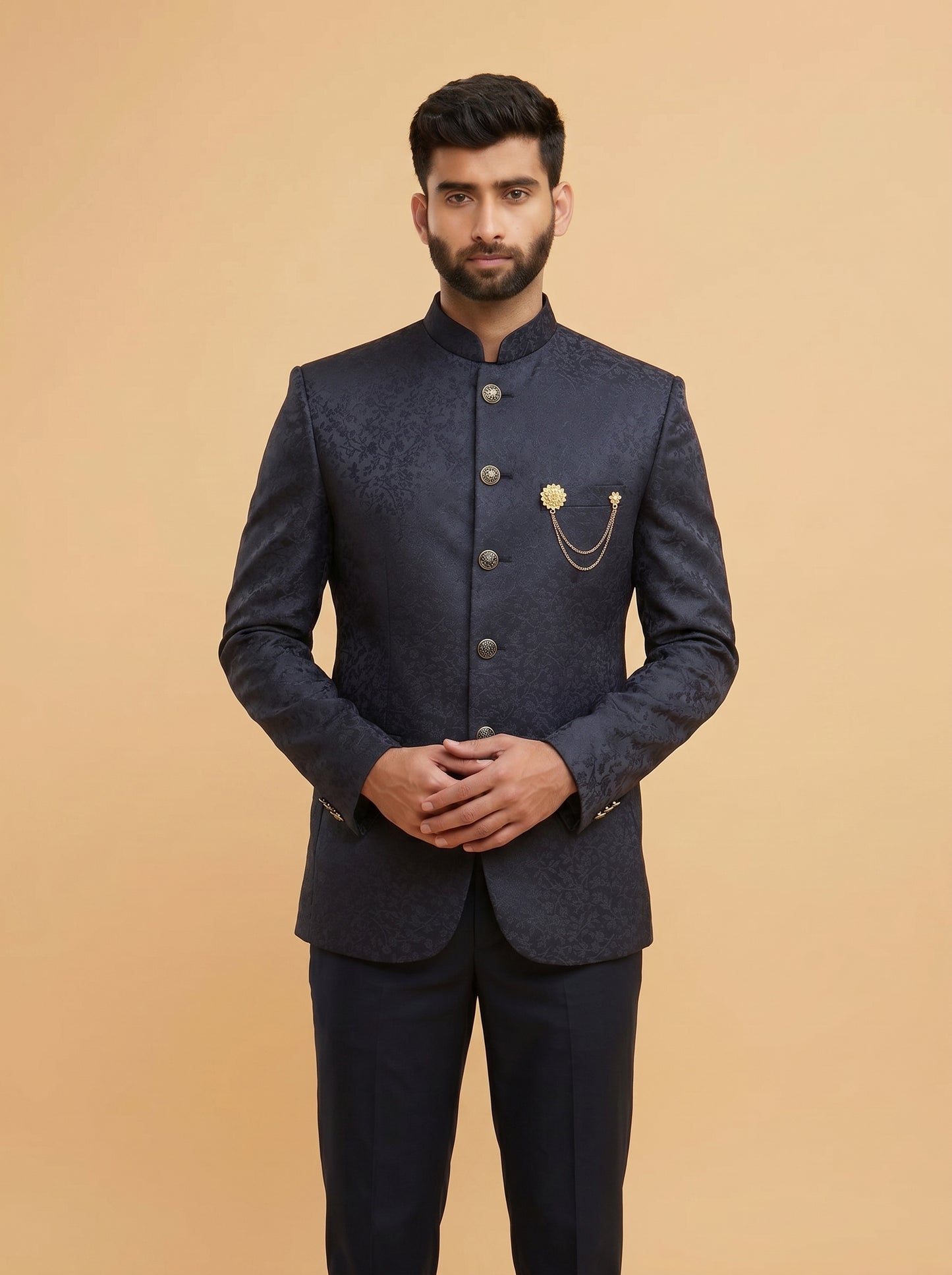 Men's black jacquard Jodhpuri suit