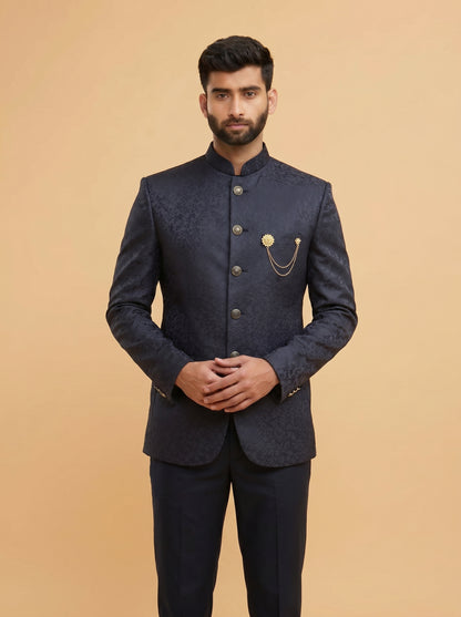Men's black jacquard Jodhpuri suit