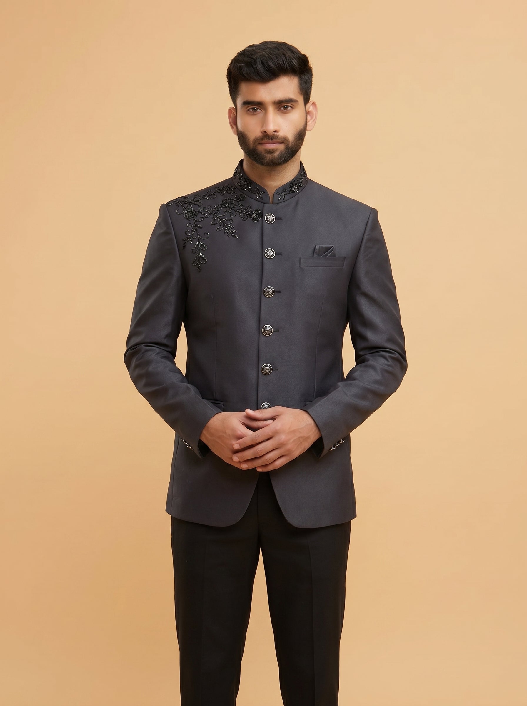 Men's Jodhpuri Black Embroidery Suit With Pant