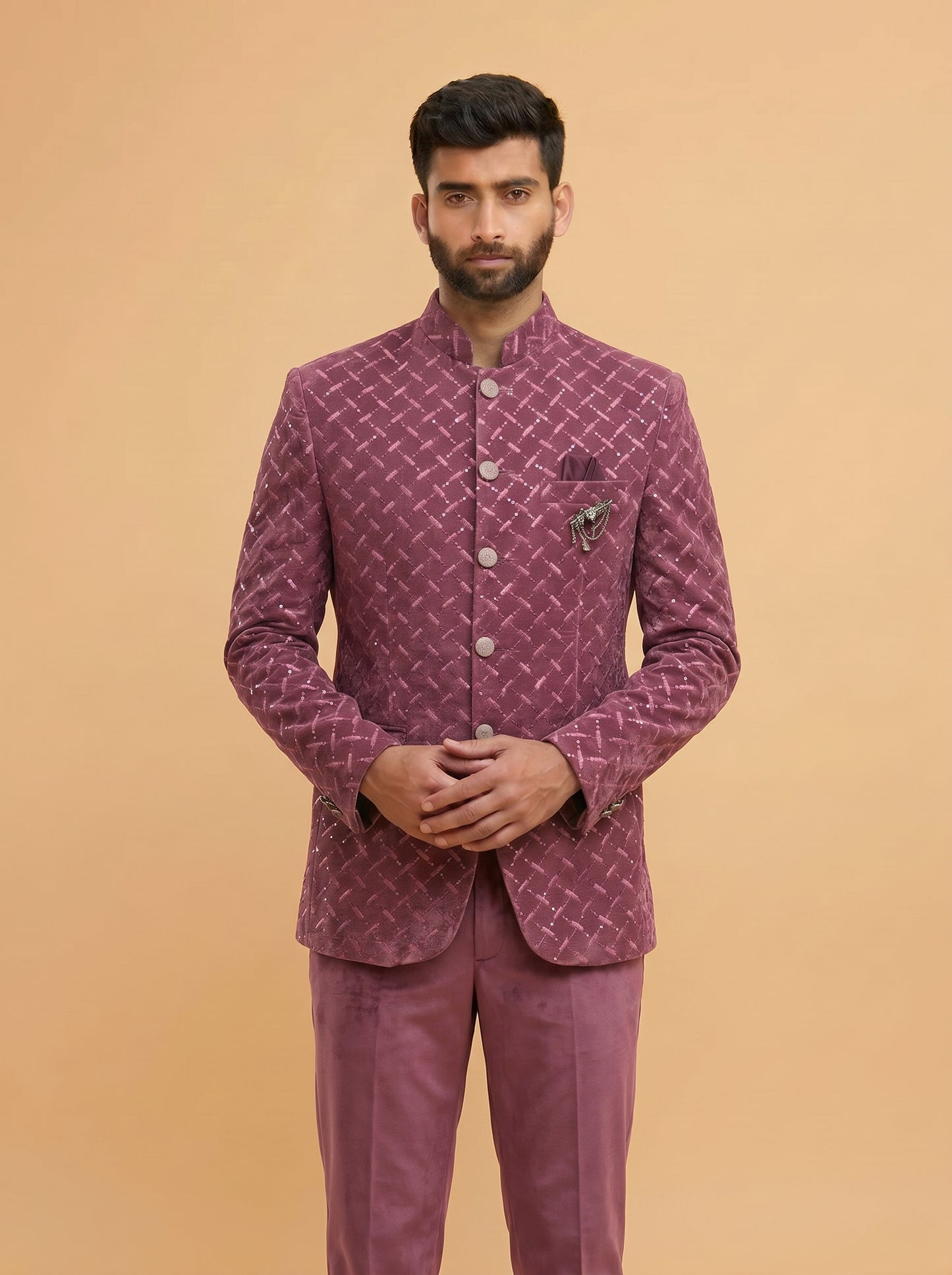 Men's lavender velvet Jodhpuri suit