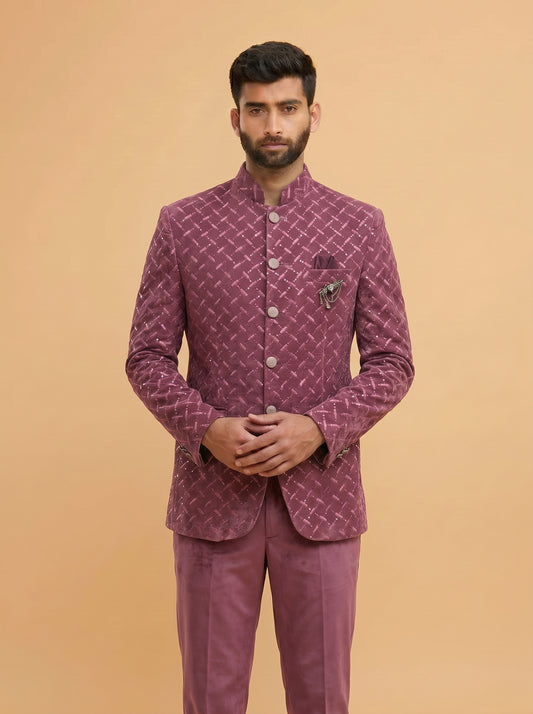 Men's Jodhpuri Velvet Lavender Suit With Pant
