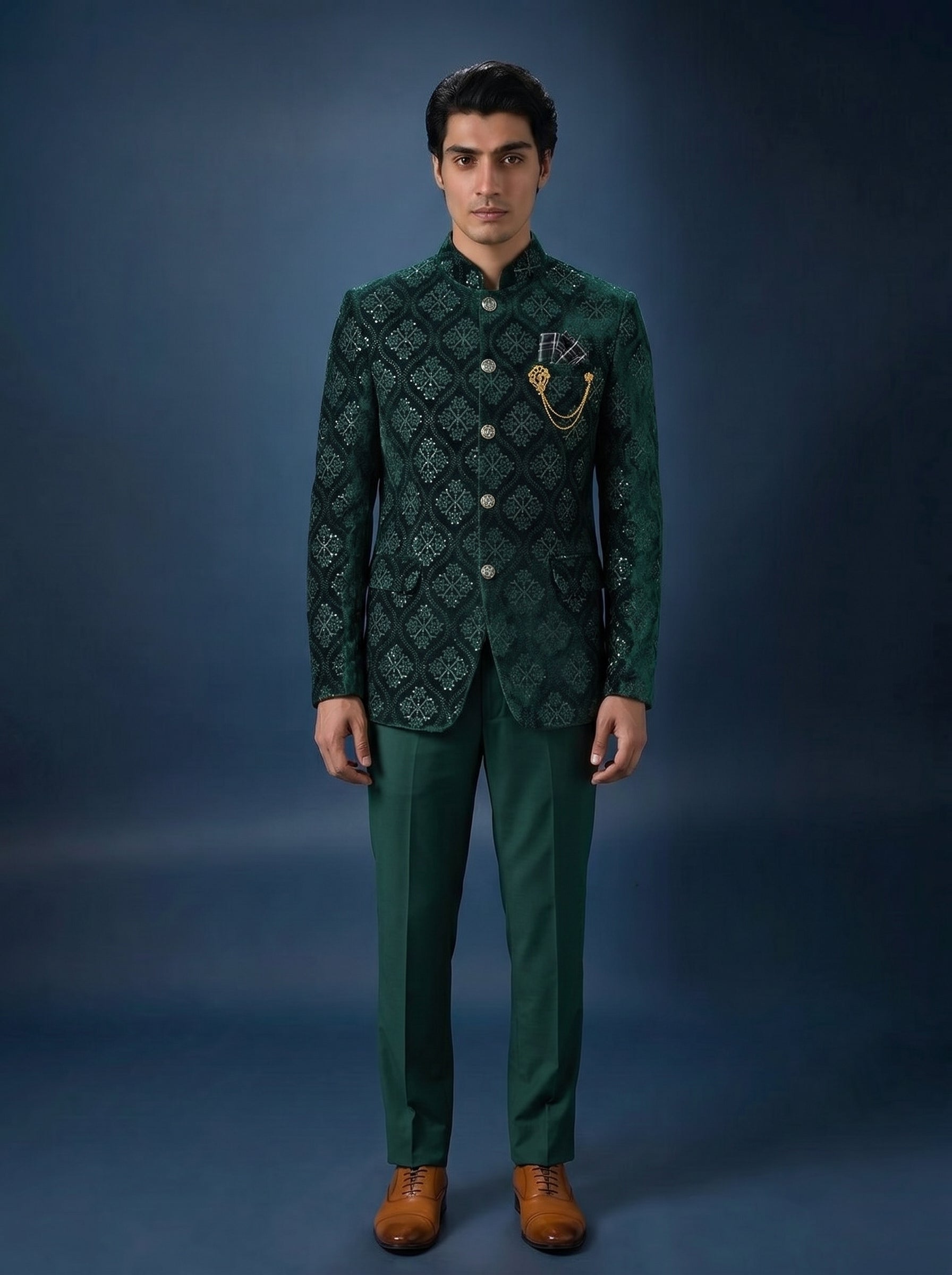 Men's Jodhpuri Velvet  Green Suit With Pant