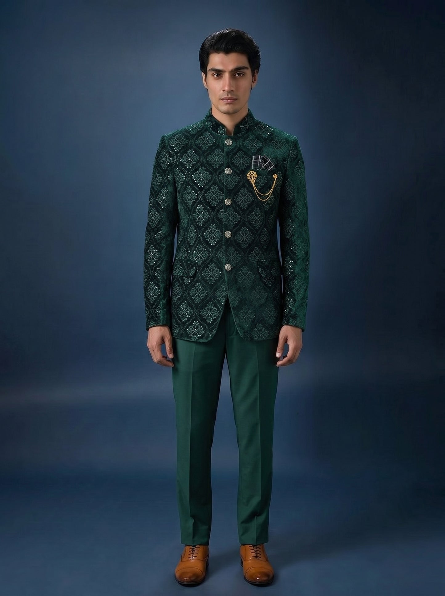 Men's Jodhpuri Velvet  Green Suit With Pant