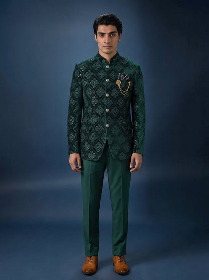 Men's Jodhpuri Velvet  Green Suit With Pant