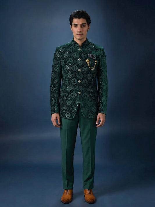 Men's Jodhpuri Velvet  Green Suit With Pant
