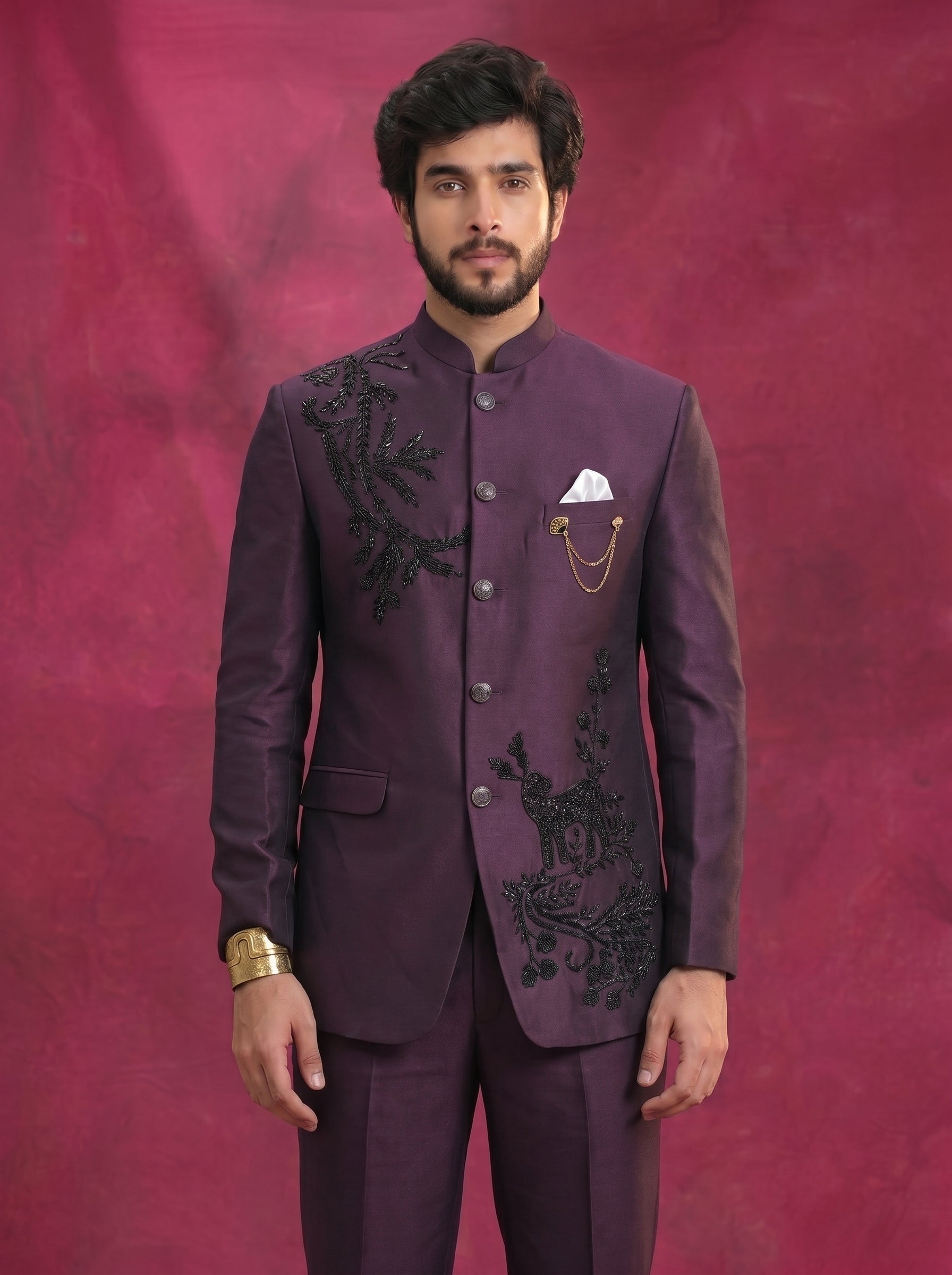 Men's Jodhpuri Purple Rayon  Suit With Pant