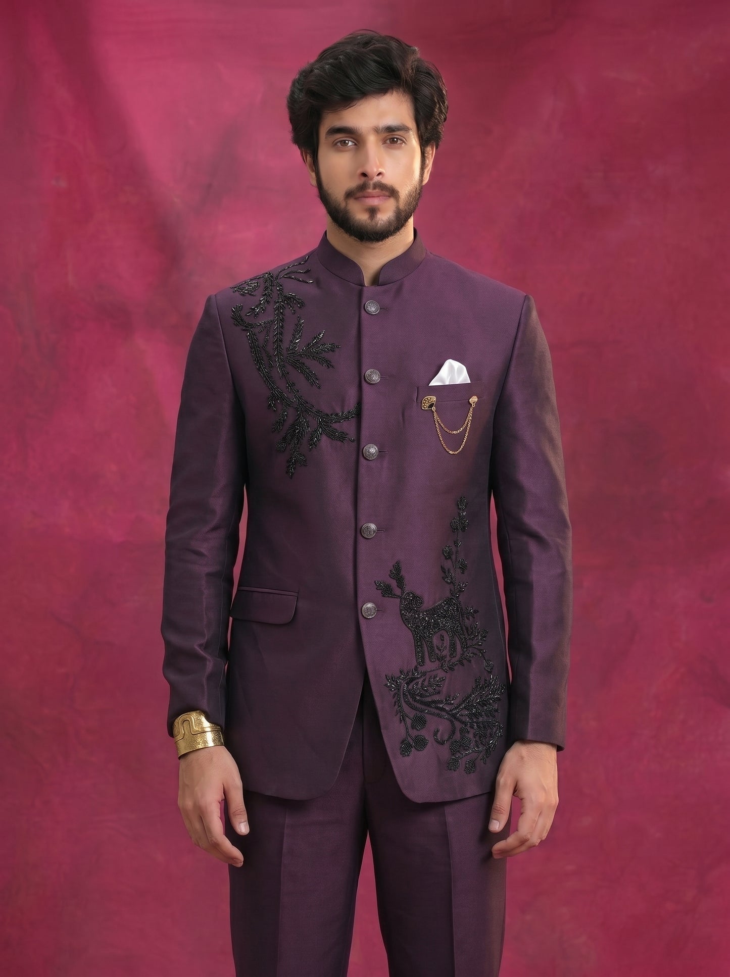 Men's Jodhpuri Purple Rayon  Suit With Pant