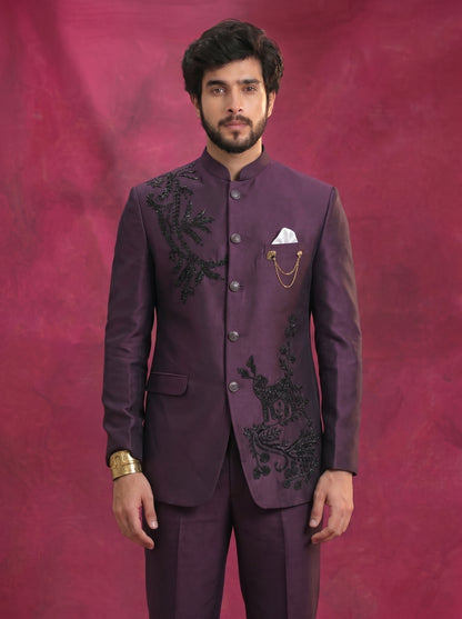 Men's Jodhpuri Purple Rayon  Suit With Pant